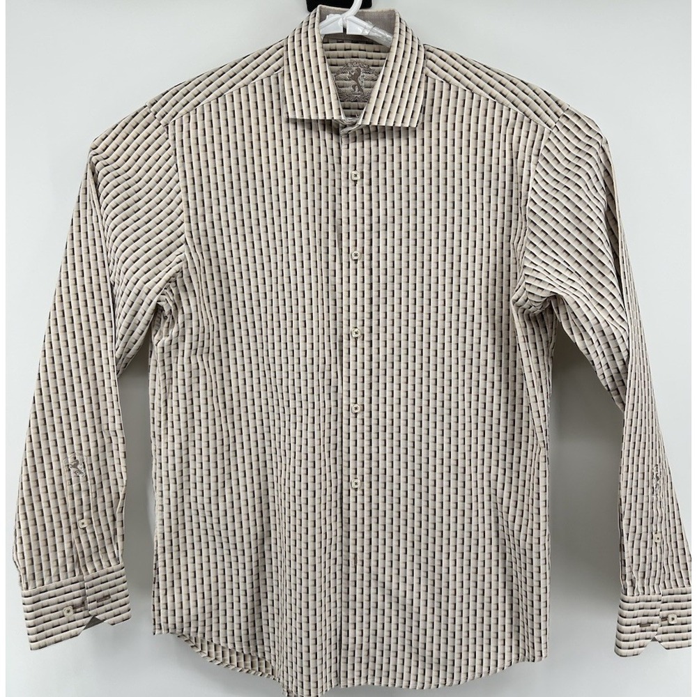 Bugatchi Shaped Fit Long Sleeve Button Down Brown‎ White Men's Size Large